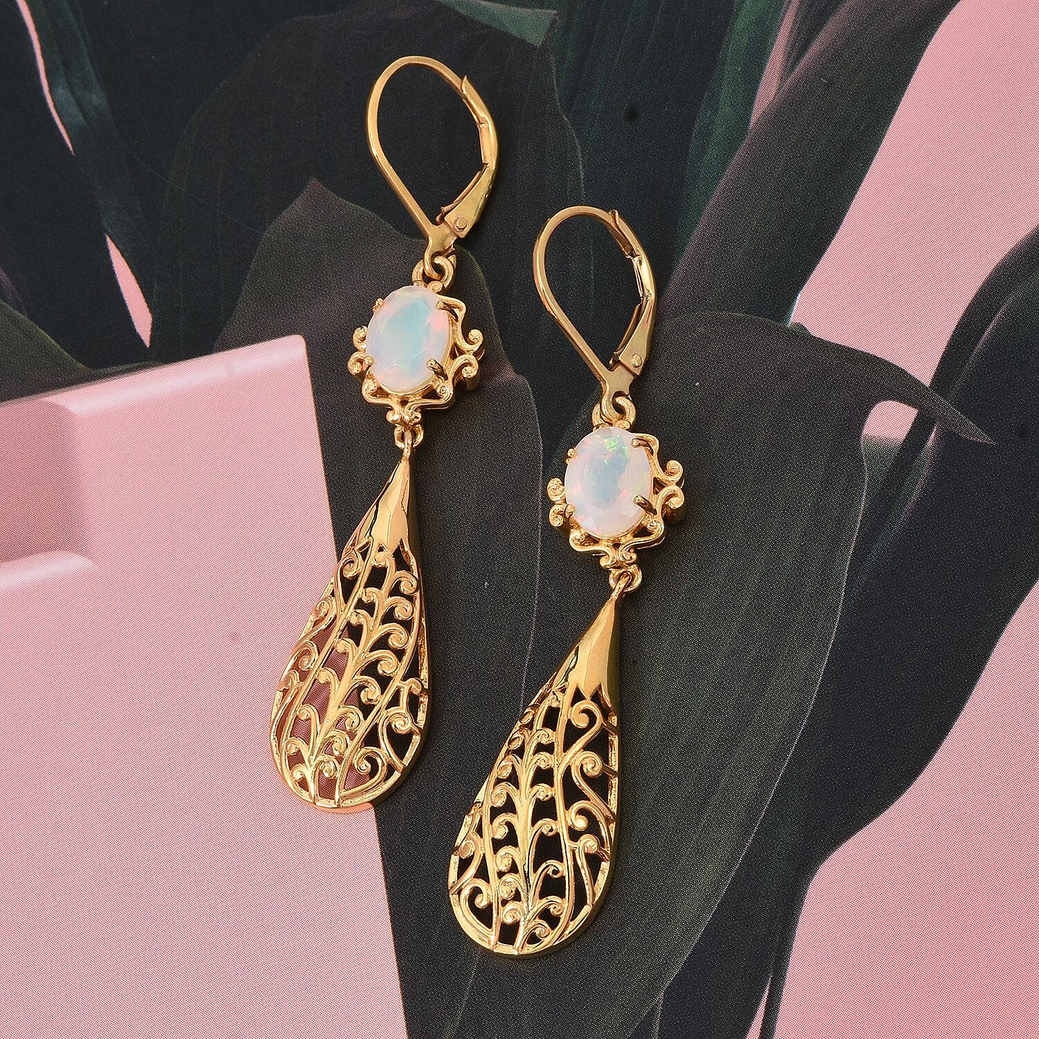 D'Joy Ethiopian Opal Earring with Lever Back in Yellow Gold Plated Sterling Silver 1.48 Ct, Silver Wt. 5.15 Gms.