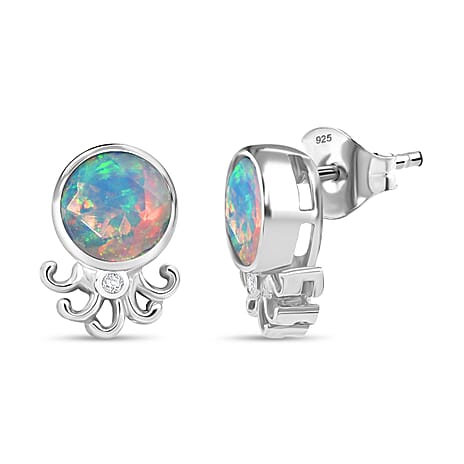 D'Joy Ethiopian Opal & Moissanite Earring with Push Back in Rhodium Overlay Sterling Silver
