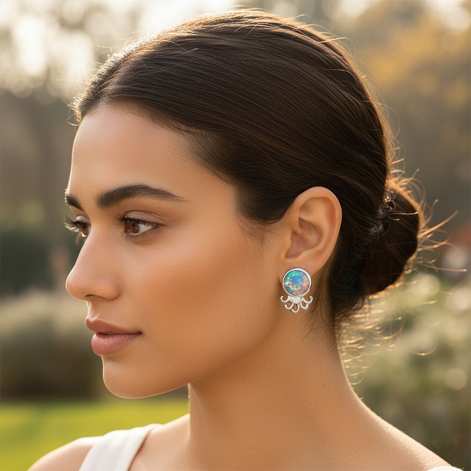 D'Joy Ethiopian Opal & Moissanite Earring with Push Back in Rhodium Overlay Sterling Silver