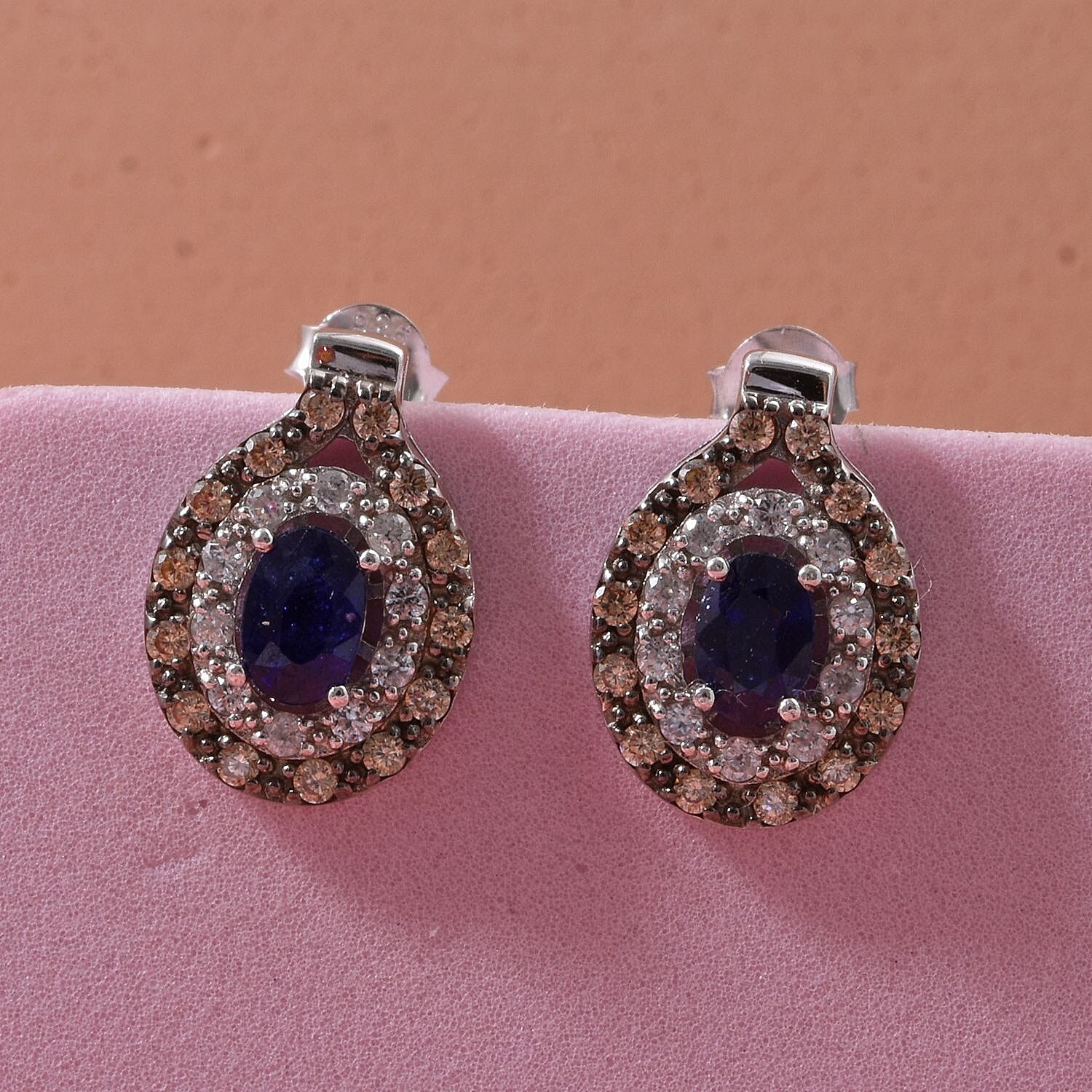 D'Joy Masoala Sapphire, White Zircon & Coffee Zircon Earring in Rhodium Overlay Sterling Silver 2.20 Ct.