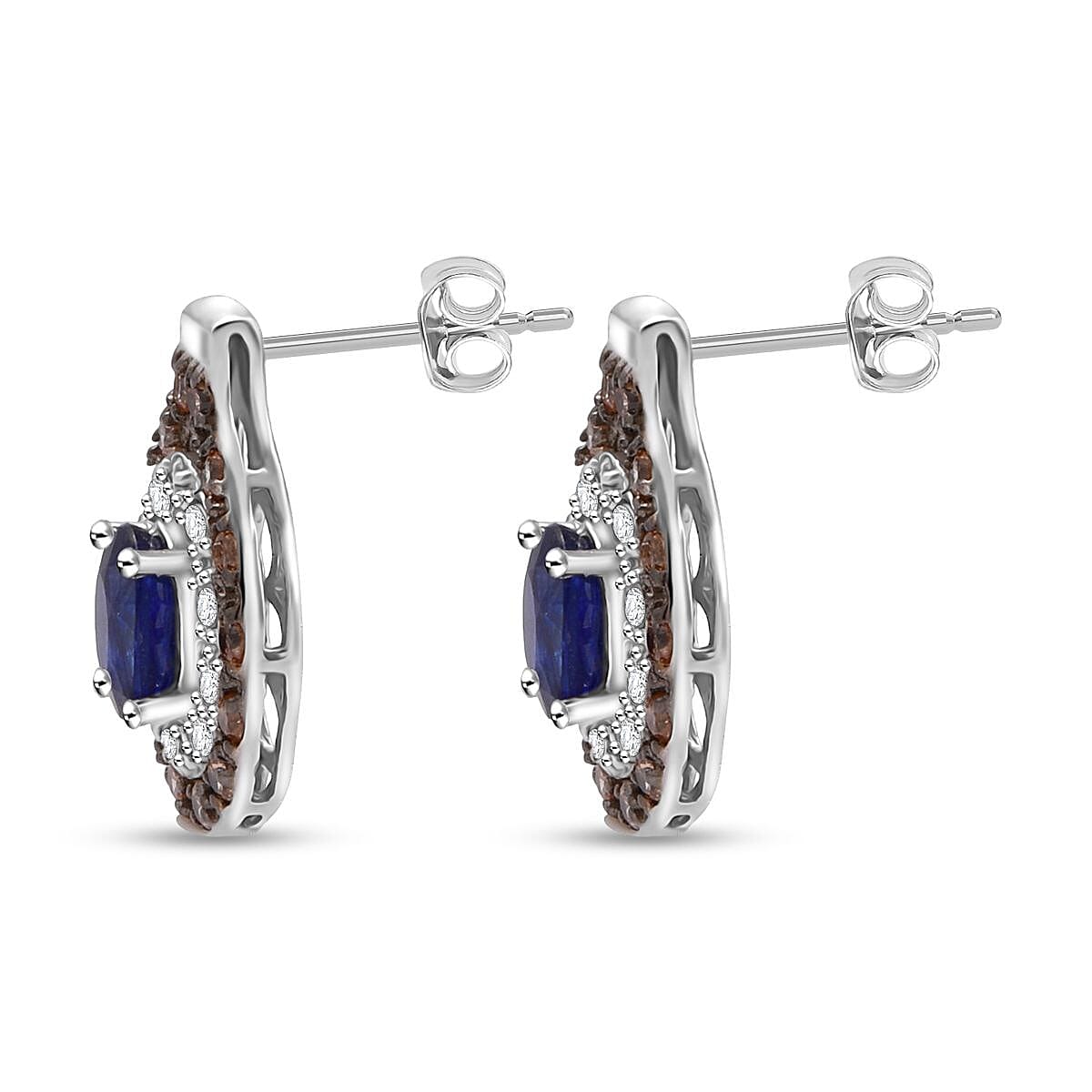 D'Joy Masoala Sapphire, White Zircon & Coffee Zircon Earring in Rhodium Overlay Sterling Silver 2.20 Ct.