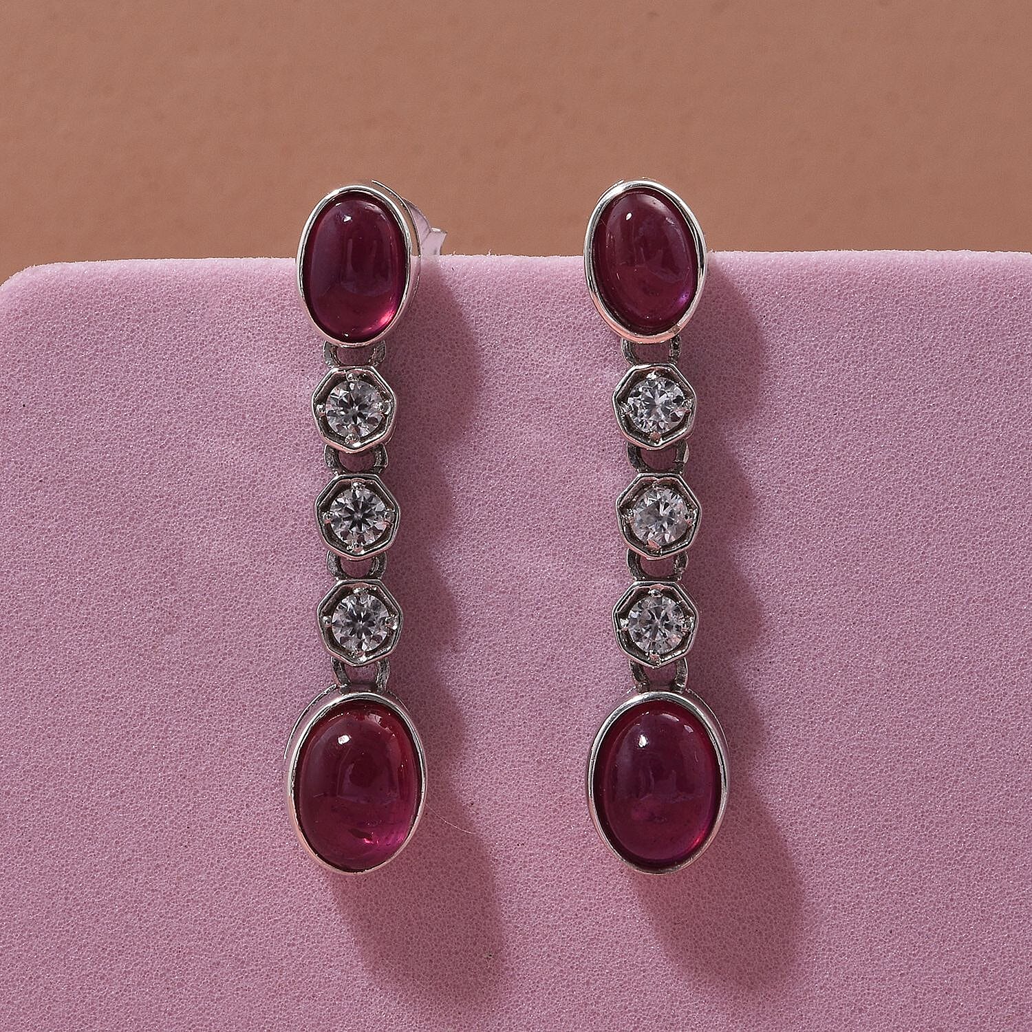 D'Joy Cabo Delgado Ruby & White Zircon Earring with Push Back in Rhodium Overlay Sterling Silver 5.09 Ct.