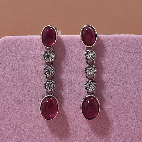 D'Joy Cabo Delgado Ruby & White Zircon Earring with Push Back in Rhodium Overlay Sterling Silver 5.09 Ct.