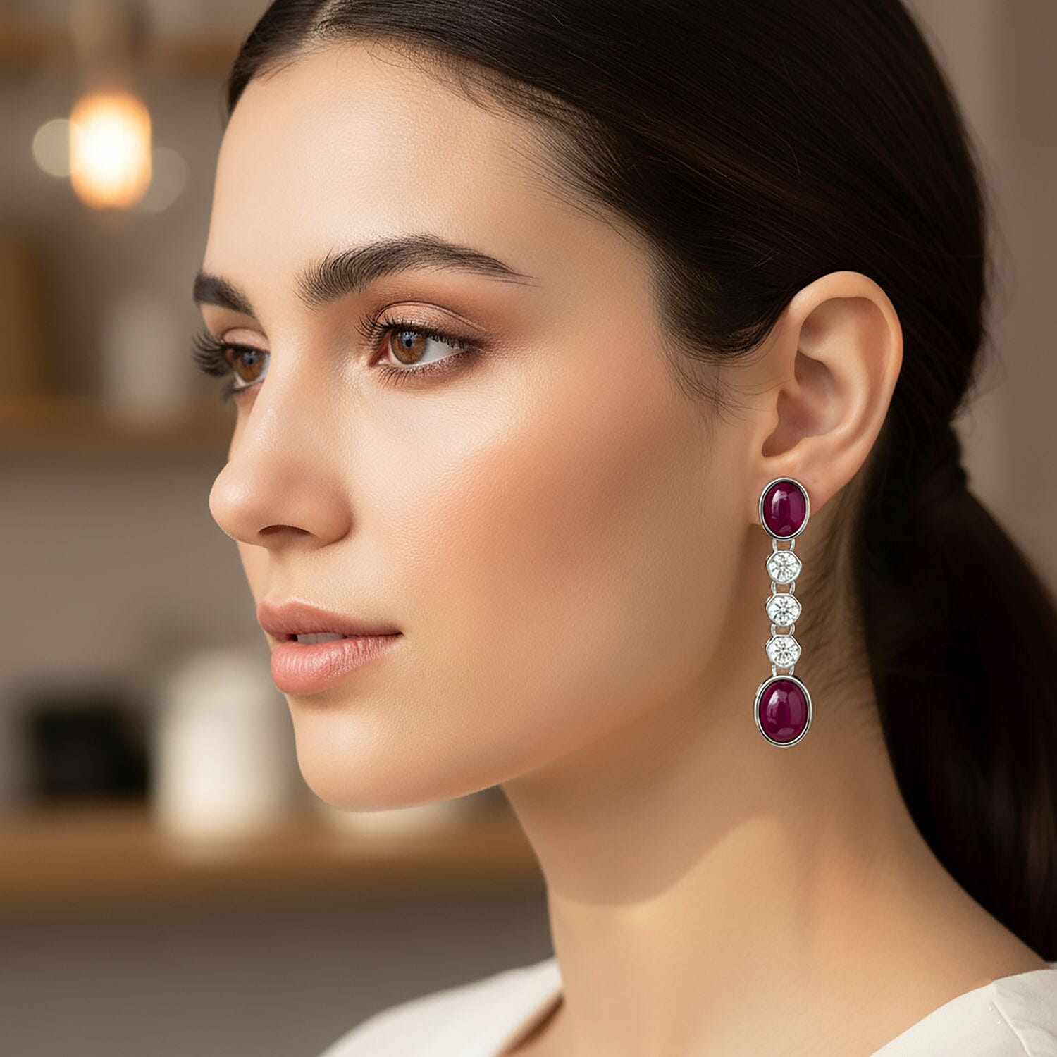 D'Joy Cabo Delgado Ruby & White Zircon Earring with Push Back in Rhodium Overlay Sterling Silver 5.09 Ct.