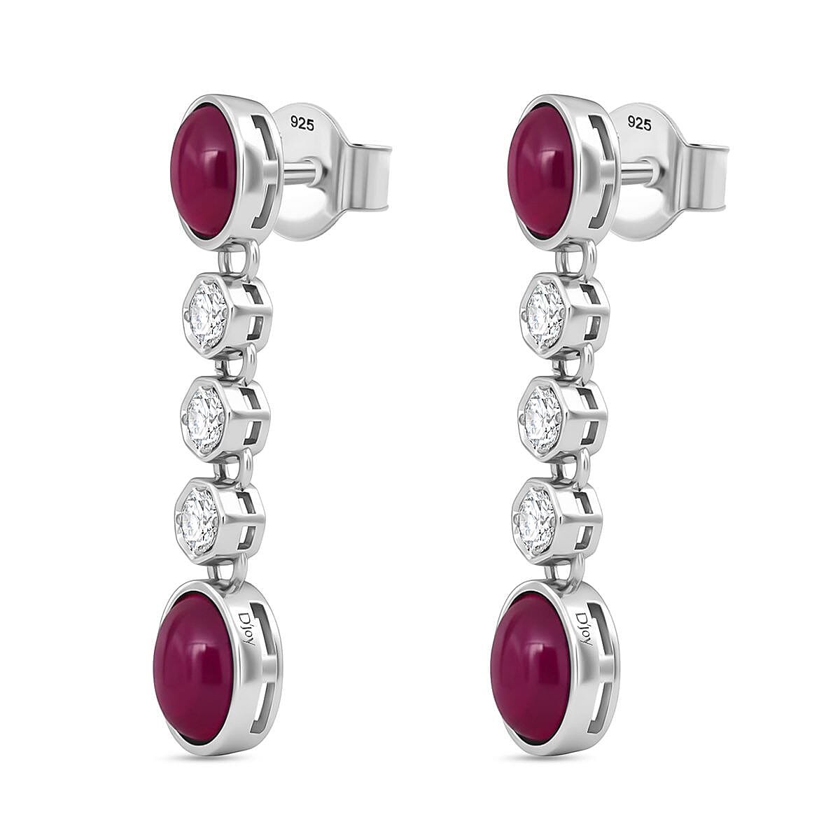 D'Joy Cabo Delgado Ruby & White Zircon Earring with Push Back in Rhodium Overlay Sterling Silver 5.09 Ct.
