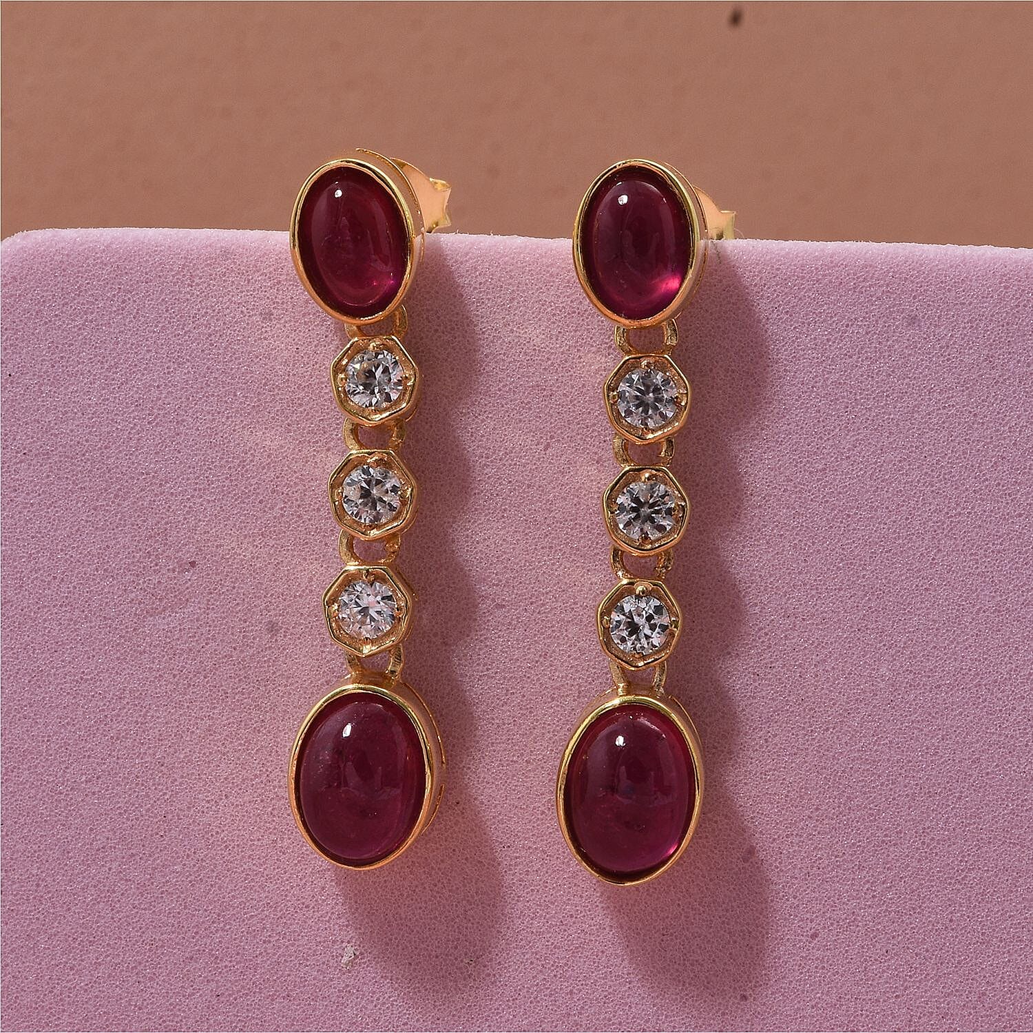 D'Joy Cabo Delgado Ruby & White Zircon Earring with Push Back in Yellow Gold Plated Sterling Silver 5.09 Ct.