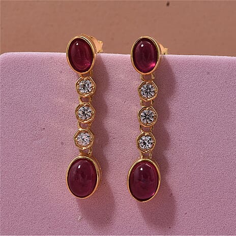 D'Joy Cabo Delgado Ruby & White Zircon Earring with Push Back in Yellow Gold Plated Sterling Silver 5.09 Ct.