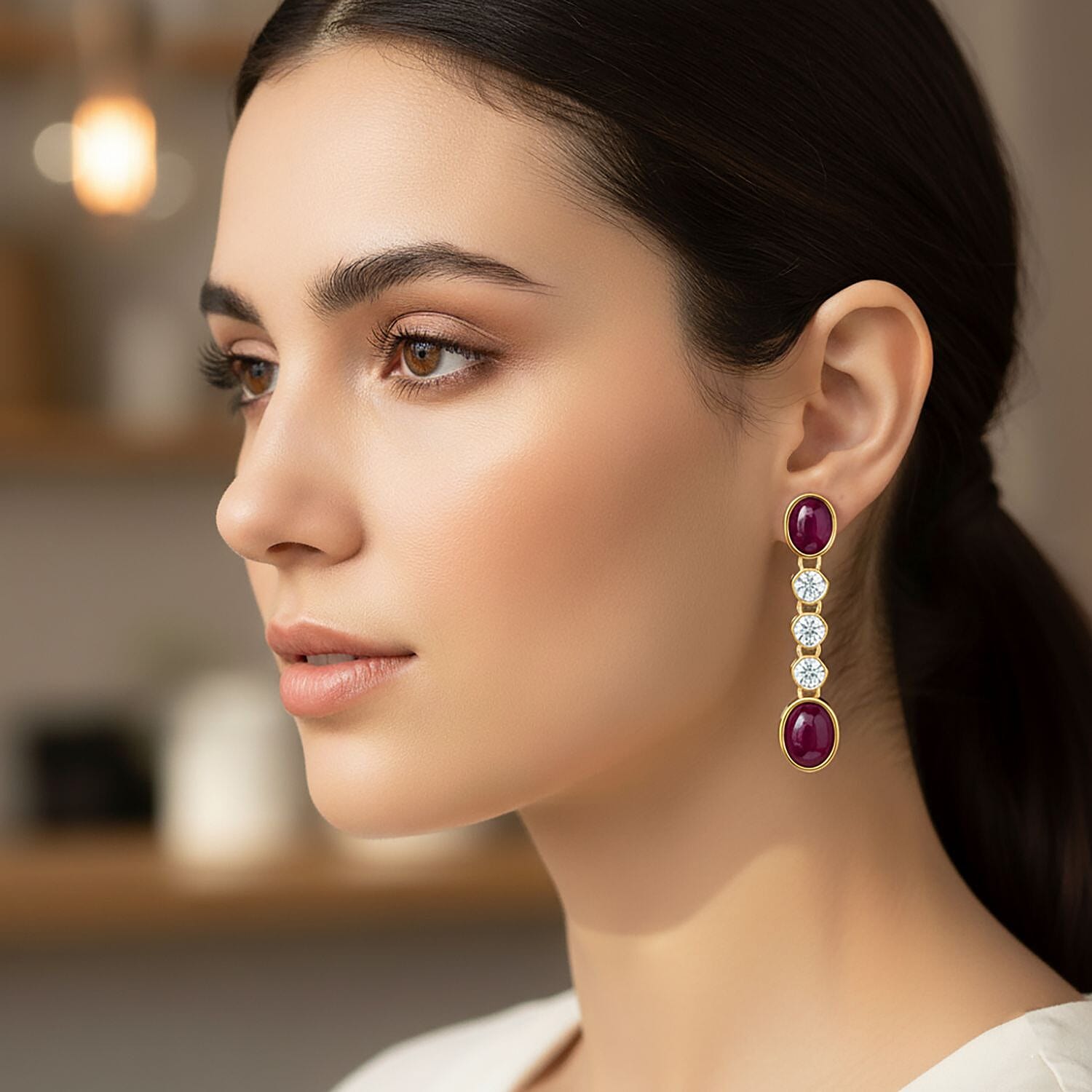 D'Joy Cabo Delgado Ruby & White Zircon Earring with Push Back in Yellow Gold Plated Sterling Silver 5.09 Ct.