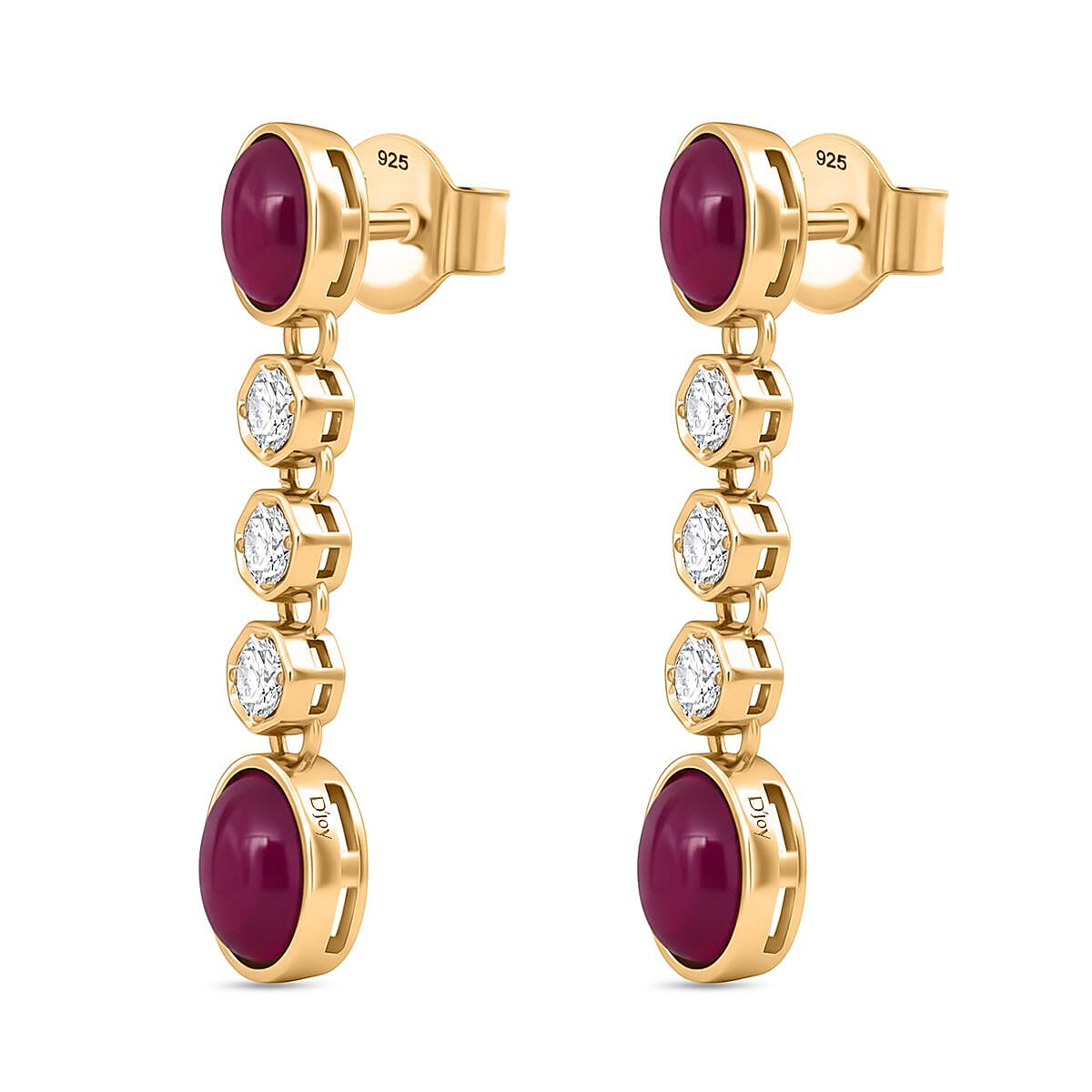 D'Joy Cabo Delgado Ruby & White Zircon Earring with Push Back in Yellow Gold Plated Sterling Silver 5.09 Ct.