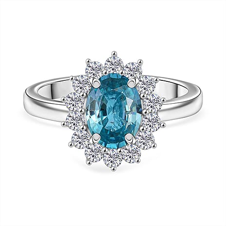 D'Joy Blue Zircon & White Zircon Ring in Rhodium Overlay Sterling Silver 2.69 Ct.