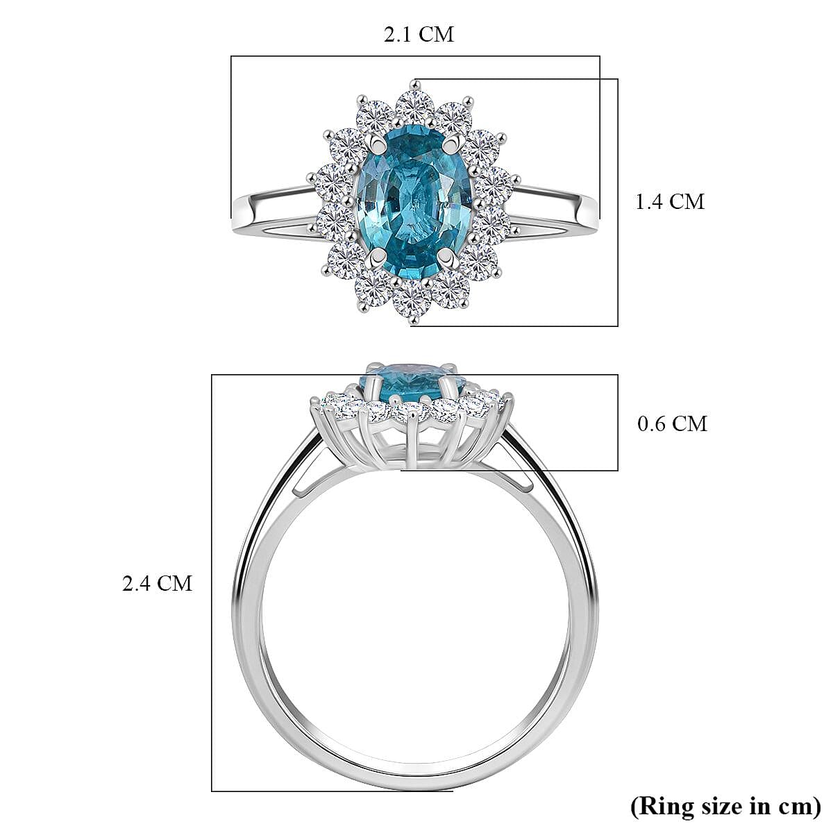 D'Joy Blue Zircon & White Zircon Ring in Rhodium Overlay Sterling Silver 2.69 Ct.