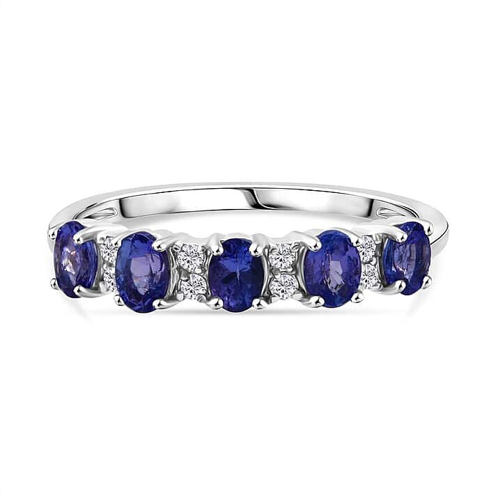 D'Joy Tanzanite & White Zircon 5 Stone Ring in Rhodium Overlay Sterling Silver