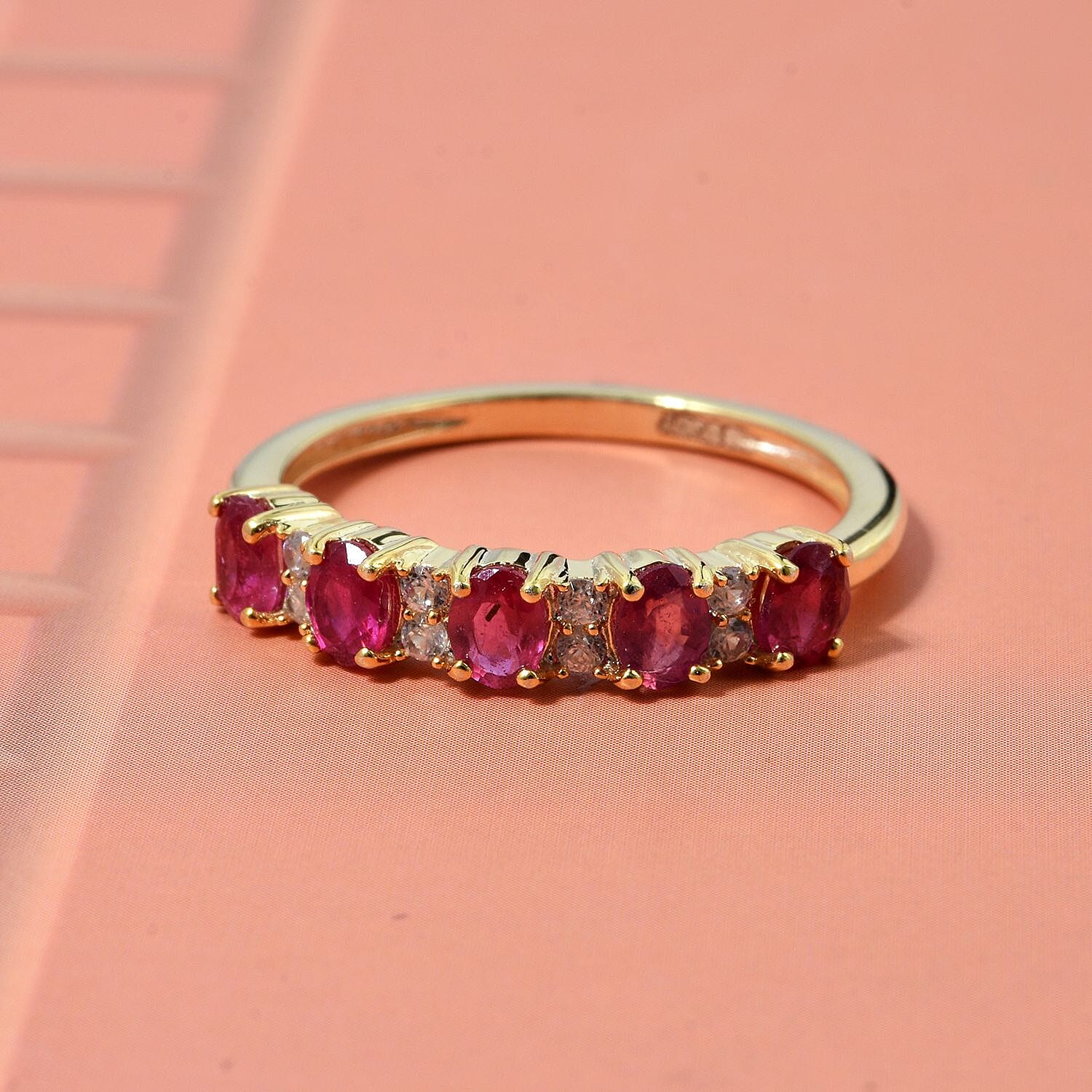 D'Joy African Ruby & White Zircon Ring in Yellow Gold Plated Sterling Silver 1.00 Ct.