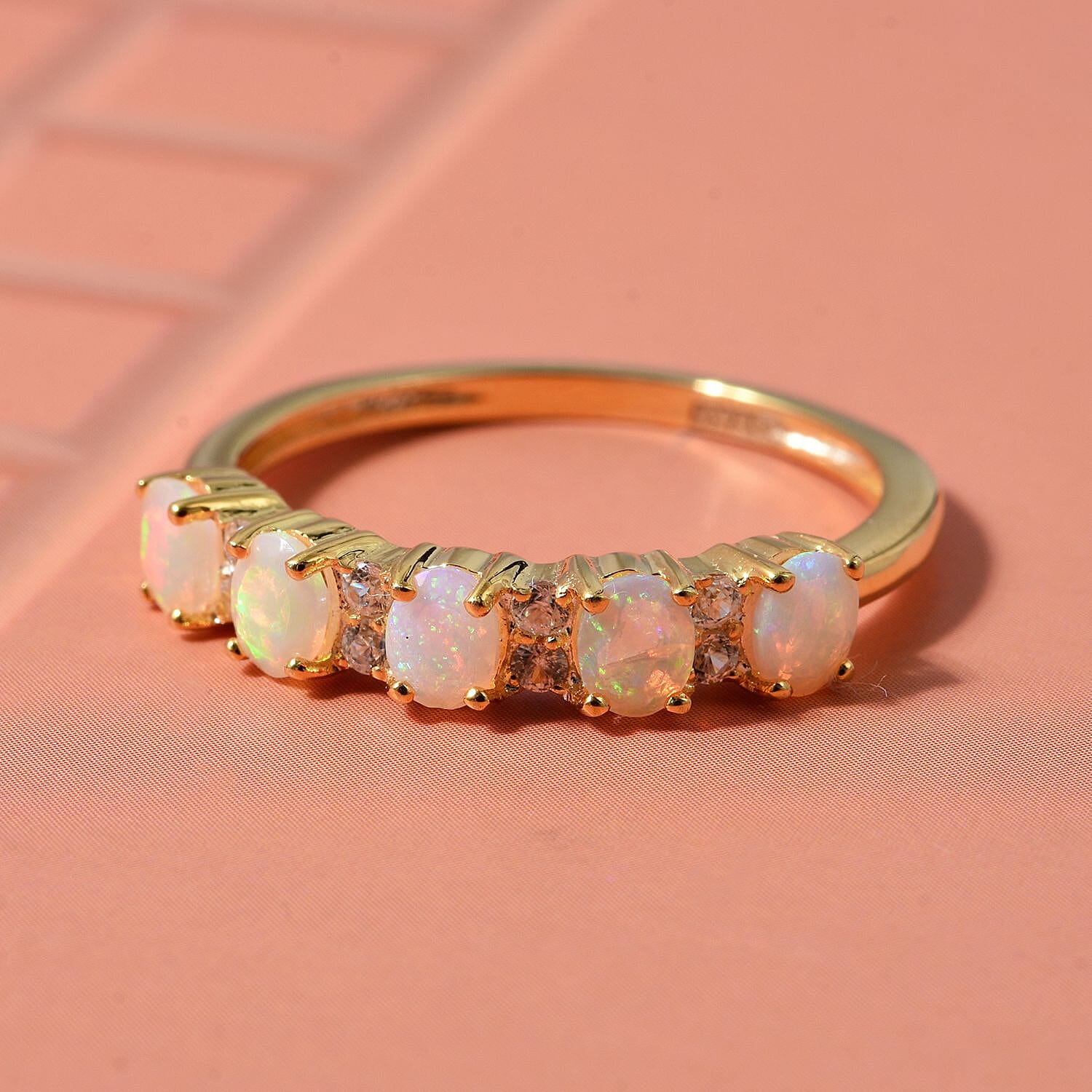 D'Joy Ethiopian Opal & White Zircon Ring in Yellow Gold Plated Sterling Silver