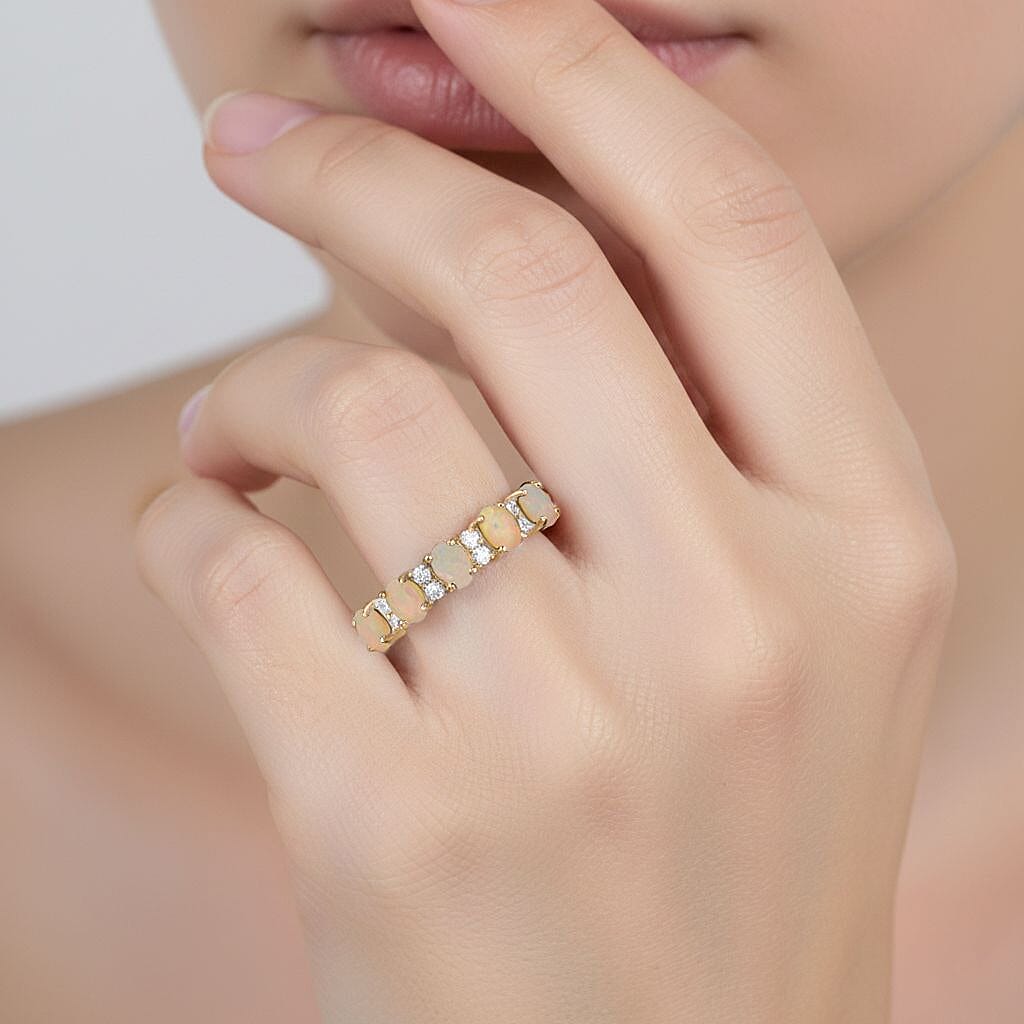 D'Joy Ethiopian Opal & White Zircon Ring in Yellow Gold Plated Sterling Silver