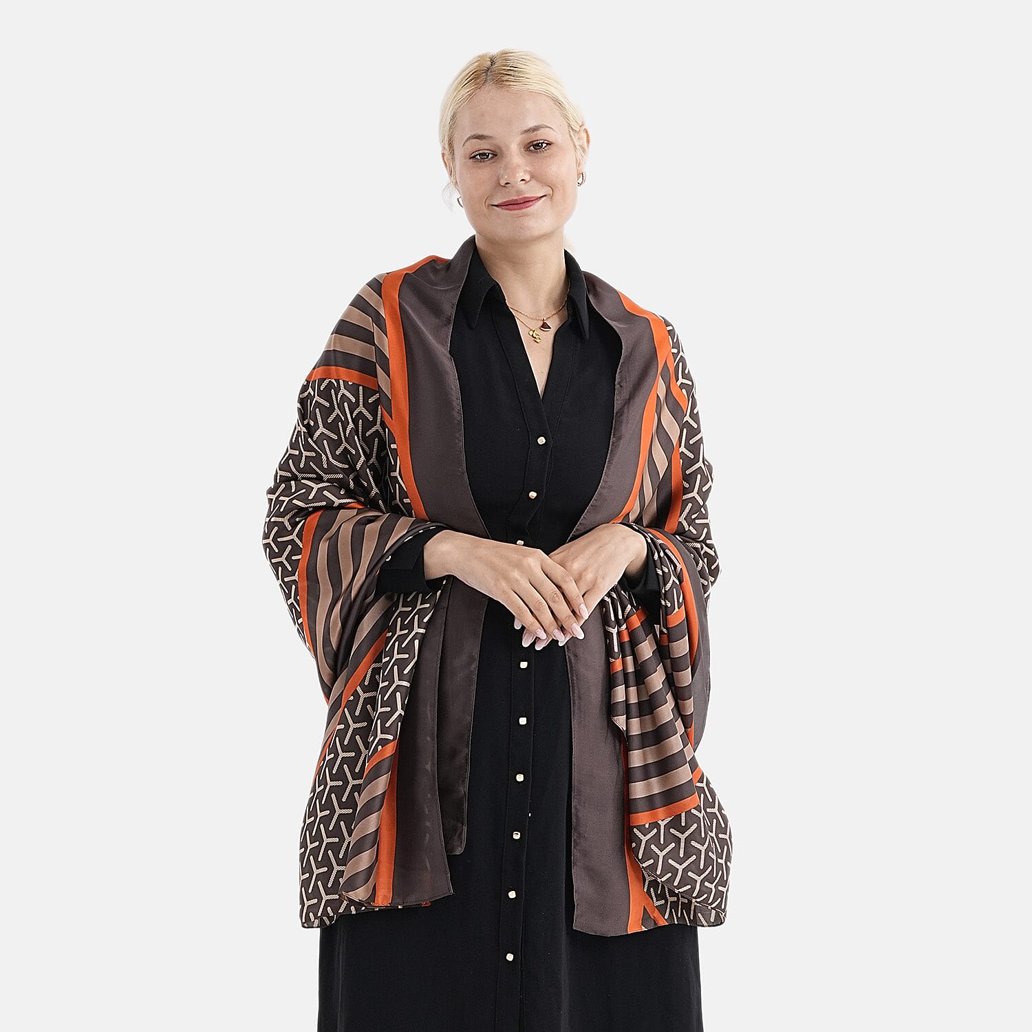 Super Soft Oversize Satin Embroidery Scarf (180 x 80 cm) - Brown