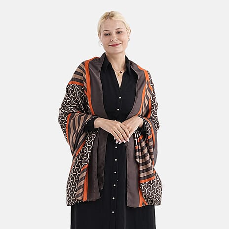 Super Soft Oversize Satin Embroidery Scarf (180 x 80 cm) - Brown