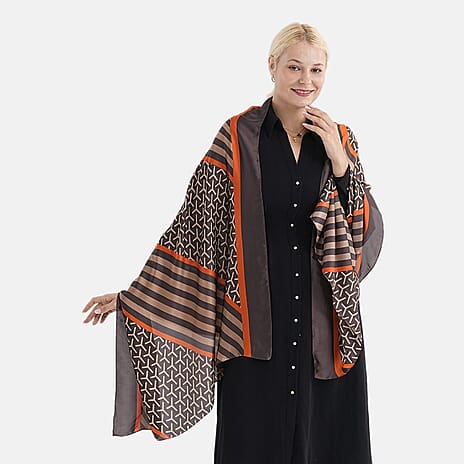 Super Soft Oversize Satin Embroidery Scarf (180 x 80 cm) - Brown