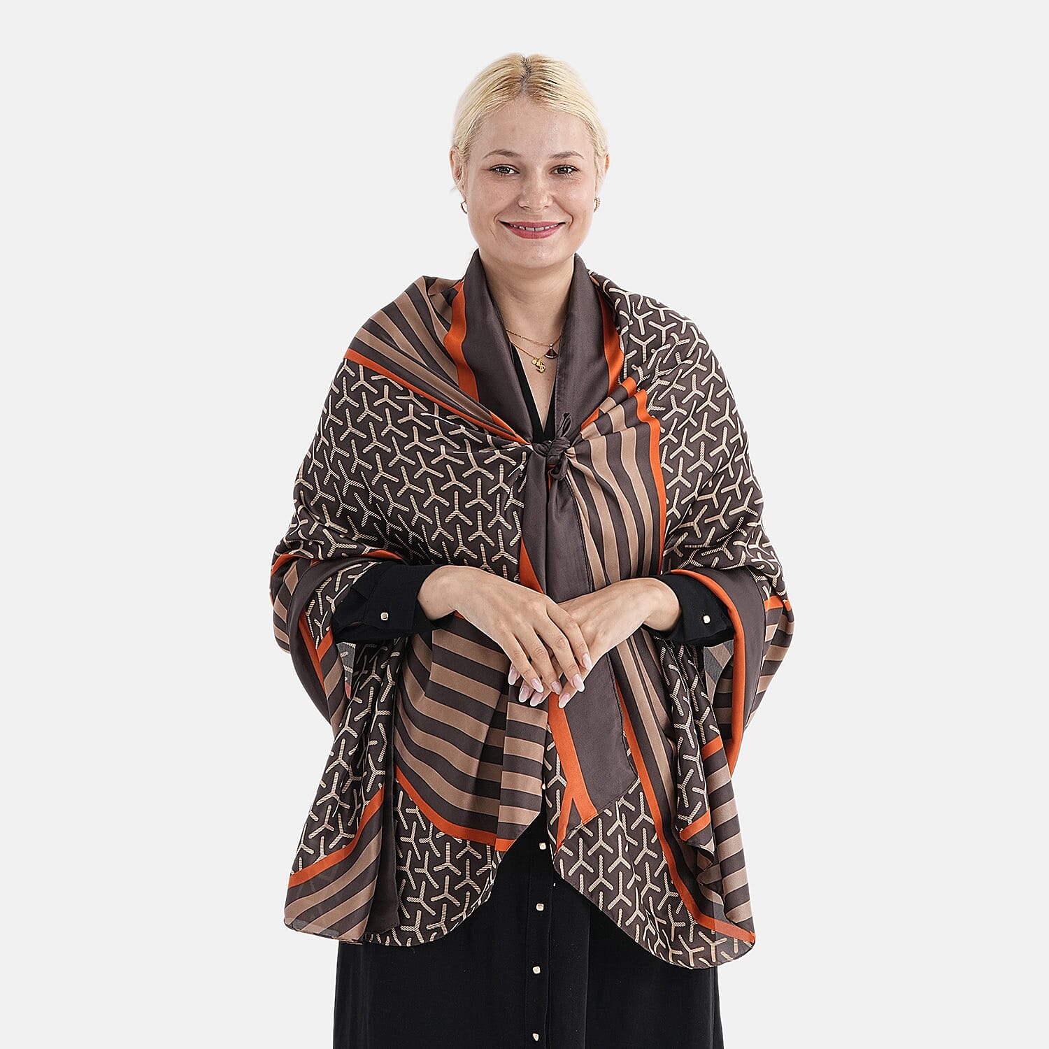 Super Soft Oversize Satin Embroidery Scarf (180 x 80 cm) - Brown