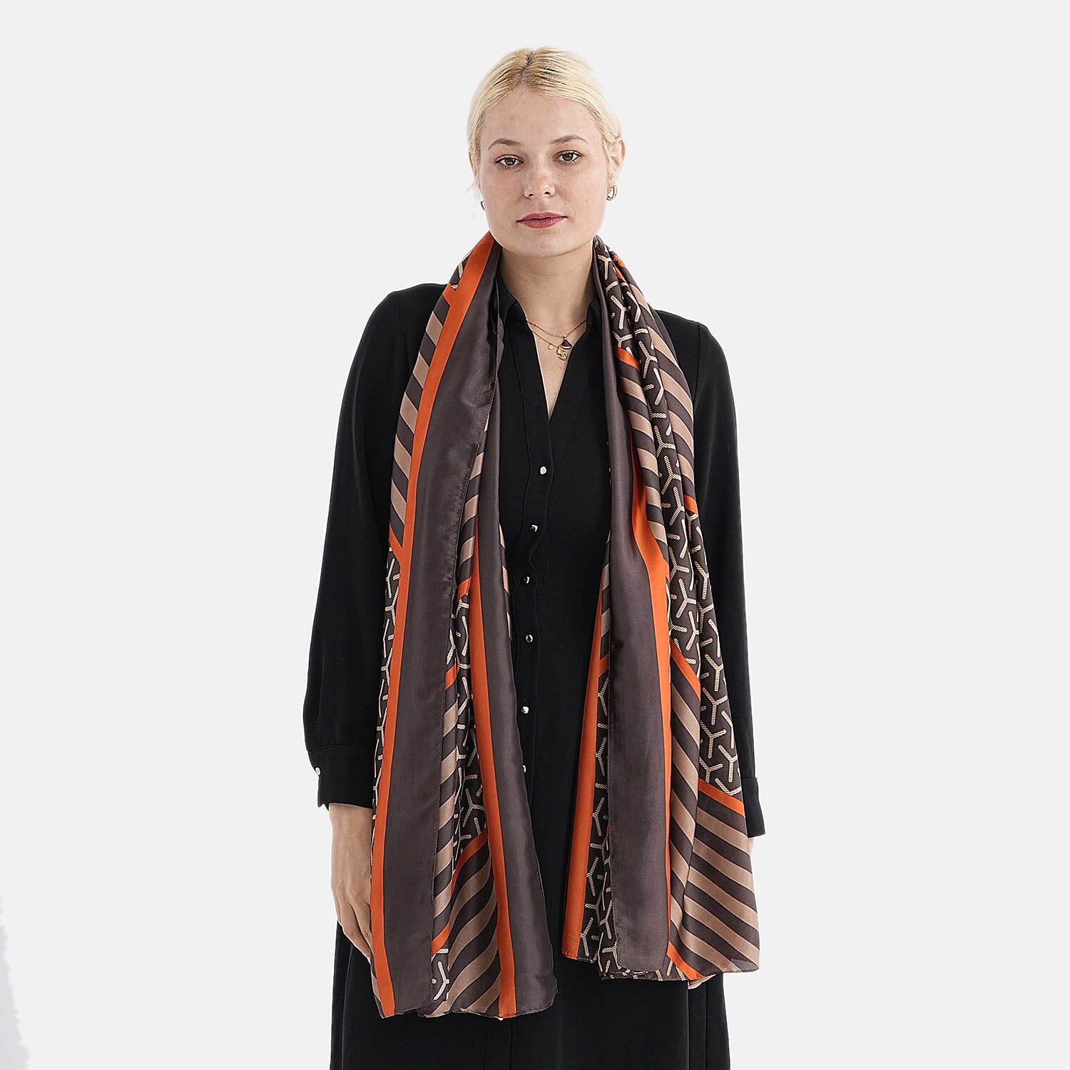 Super Soft Oversize Satin Embroidery Scarf (180 x 80 cm) - Brown