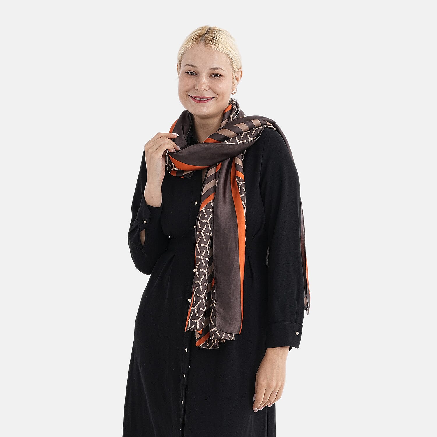 Super Soft Oversize Satin Embroidery Scarf (180 x 80 cm) - Brown
