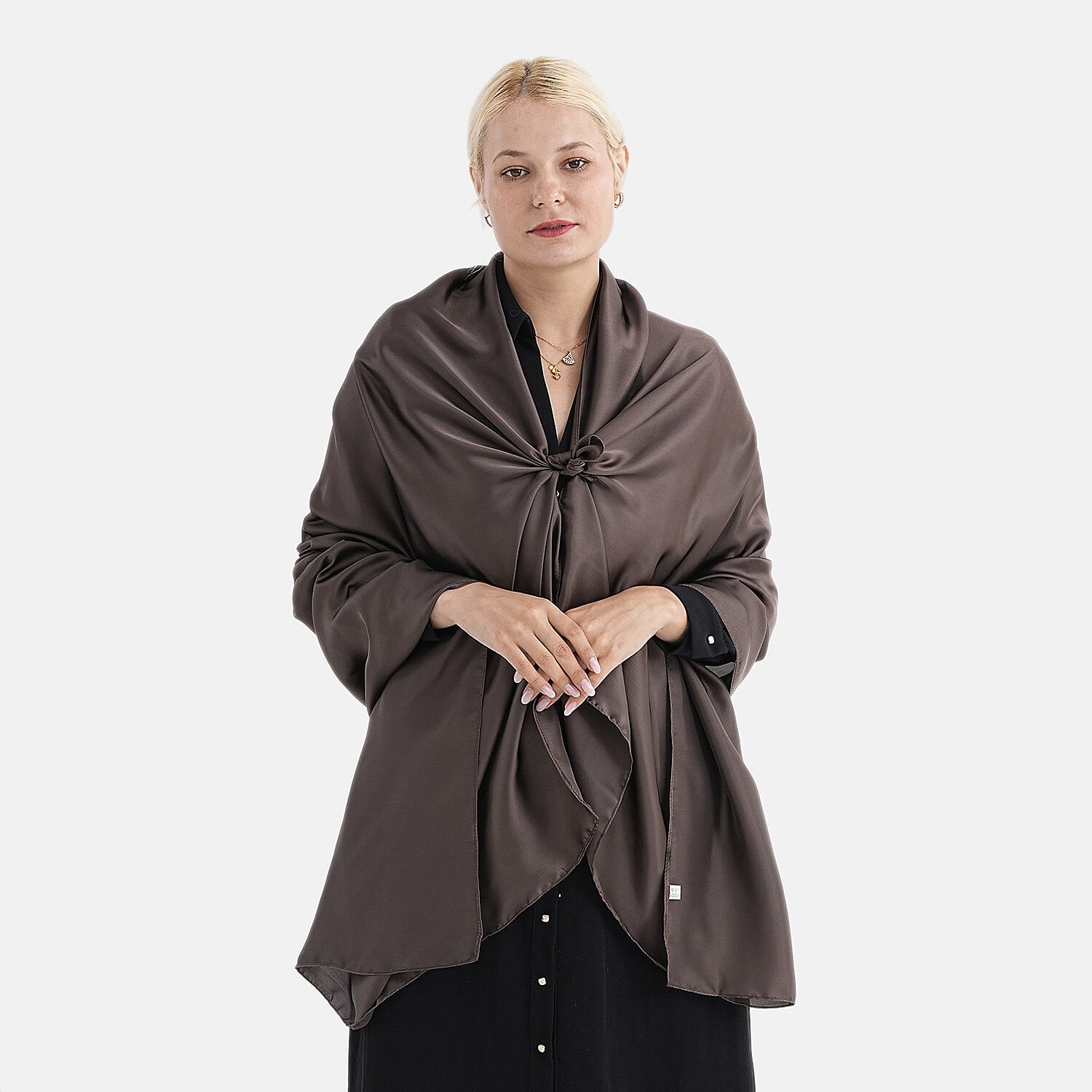 Super Soft Oversize Satin Embroidery Scarf (180 x 80 cm) - Coffee