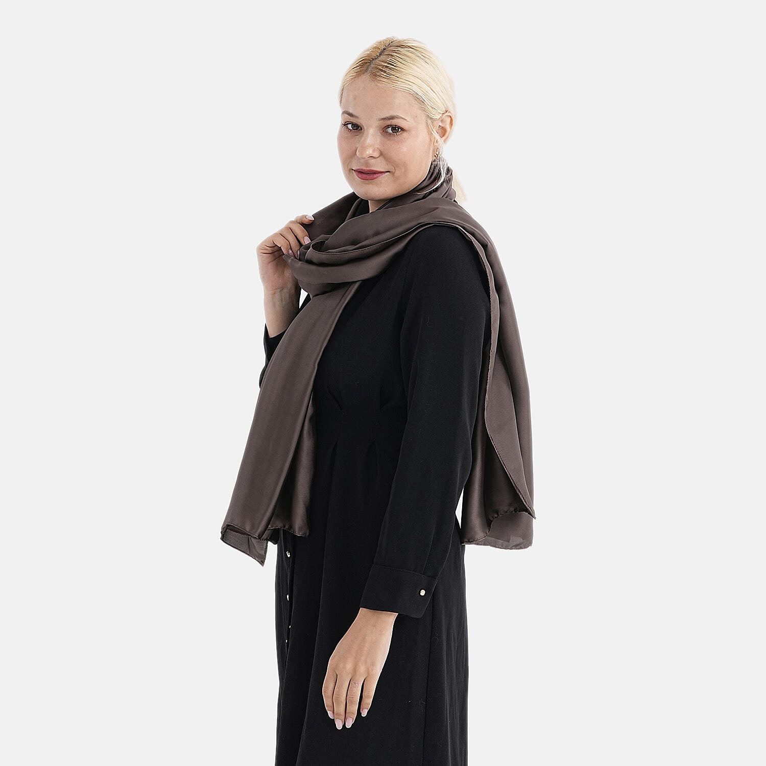 Super Soft Oversize Satin Embroidery Scarf (180 x 80 cm) - Coffee