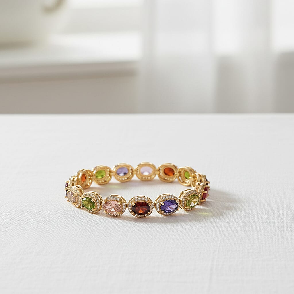 White Cubic Zirconia & Multi Color Cubic Zirconia Bracelet (Size 7.5) in Yellow Gold Plated 9.50 Ct.