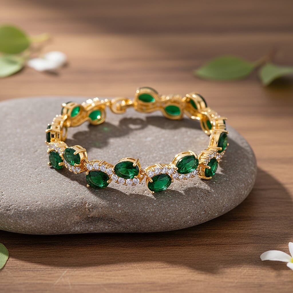 White Cubic Zirconia & Green Crystal Bracelet (Size - 7.5) in Yellow Gold Tone 2.00 Ct.