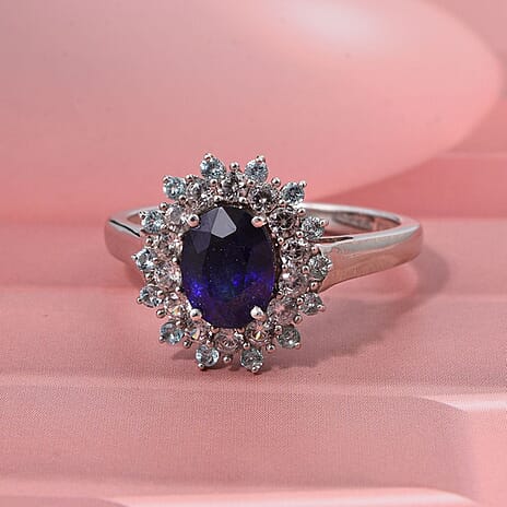 D'Joy Masoala Sapphire, Blue Apatite & White Zircon Ring in Rhodium Overlay Sterling Silver 2.77 Ct.