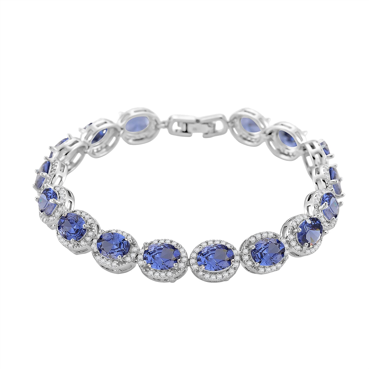 White Cubic Zirconia & Blue Crystal Bracelet (Size - 7.5) in Silver Tone 1.50 Ct.