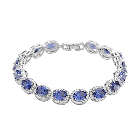 White Cubic Zirconia & Blue Crystal Bracelet (Size - 7.5) in Silver Tone 1.50 Ct.
