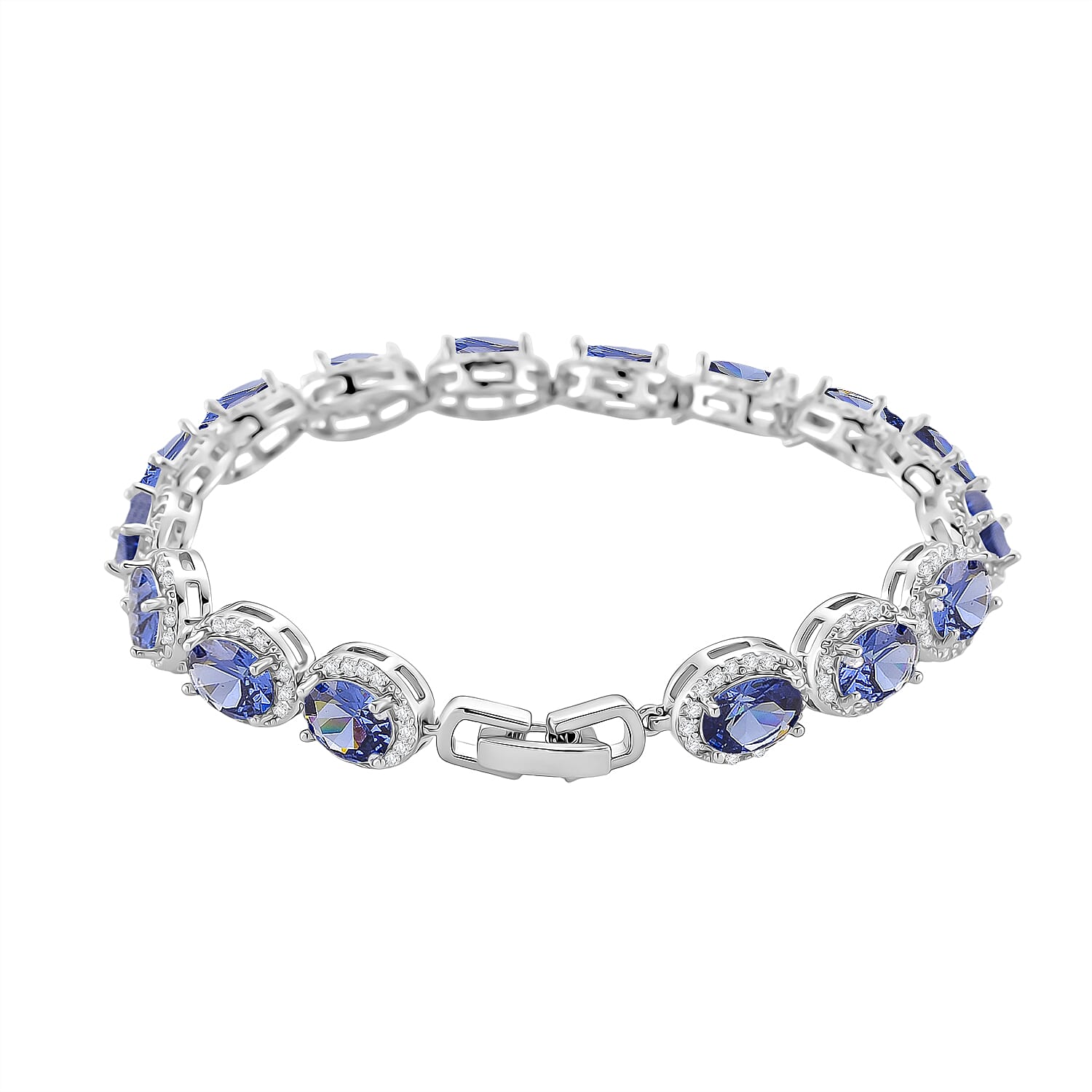 White Cubic Zirconia & Blue Crystal Bracelet (Size - 7.5) in Silver Tone 1.50 Ct.