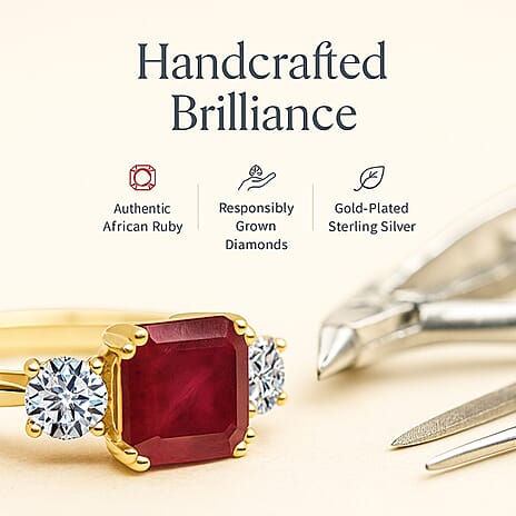 Luxuriant African Ruby & Lab Grown Diamond Ring in Yellow Gold Plated Sterling Silver 1.85 Ct.