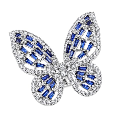 White Cubic Zirconia & Blue Crystal Butterfly Adjustable Ring in Silver Tone 1.00 Ct