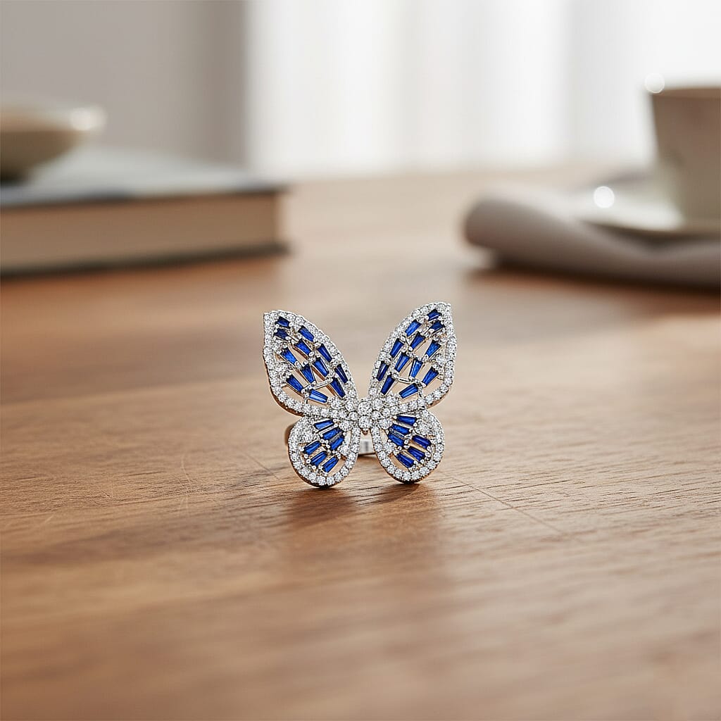 White Cubic Zirconia & Blue Crystal Butterfly Adjustable Ring in Silver Tone 1.00 Ct