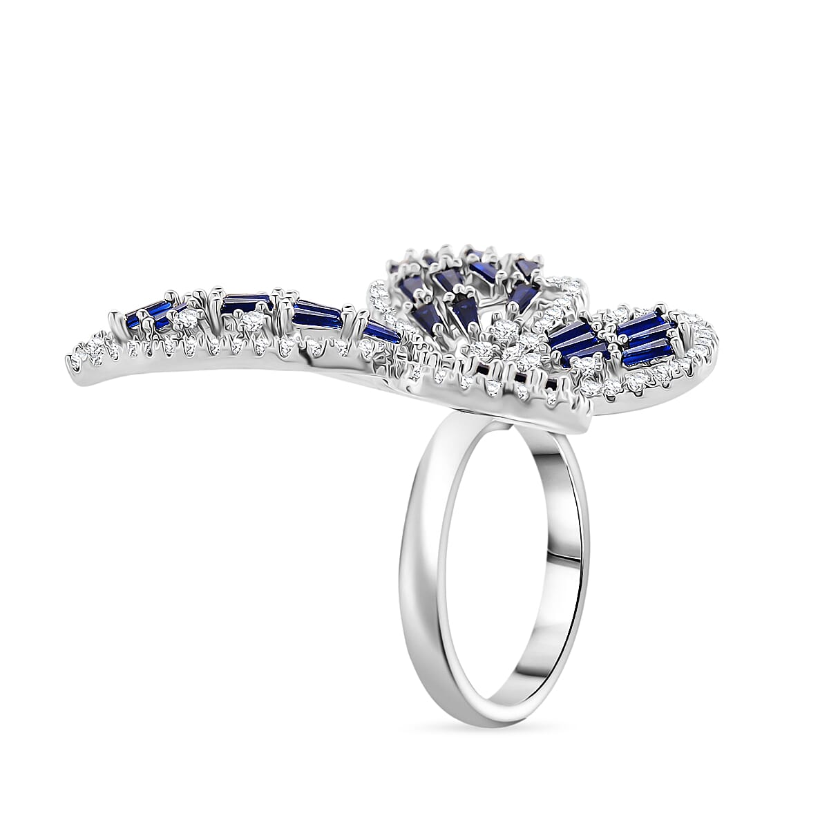 White Cubic Zirconia & Blue Crystal Butterfly Adjustable Ring in Silver Tone 1.00 Ct