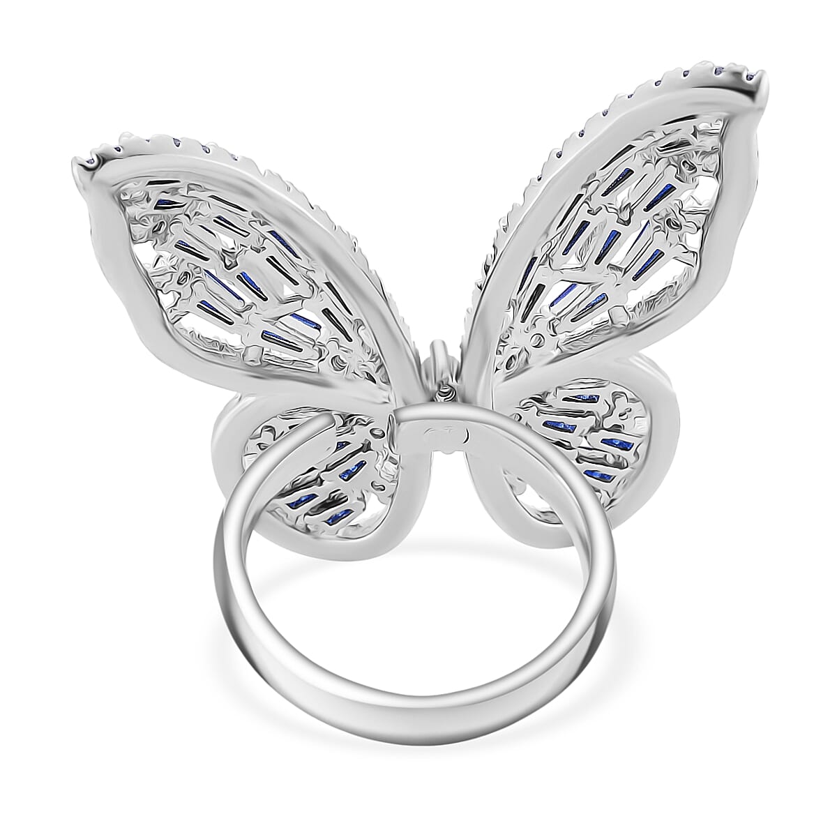White Cubic Zirconia & Blue Crystal Butterfly Adjustable Ring in Silver Tone 1.00 Ct