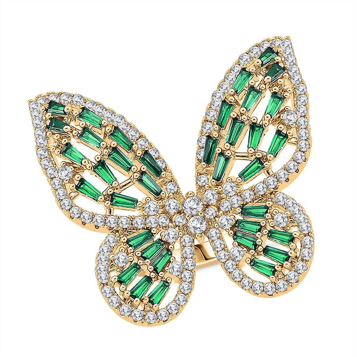 White Cubic Zirconia & Green Crystal Butterfly Adjustable Ring in Yellow Gold Tone