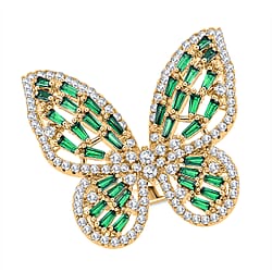 White Cubic Zirconia & Green Crystal Butterfly Adjustable Ring in Yellow Gold Tone