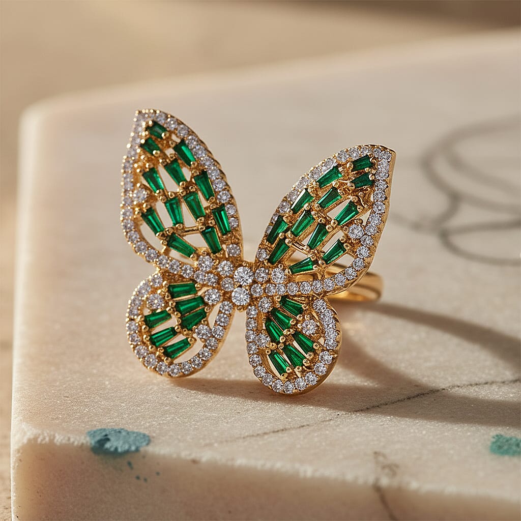 White Cubic Zirconia & Green Crystal Butterfly Adjustable Ring in Yellow Gold Tone