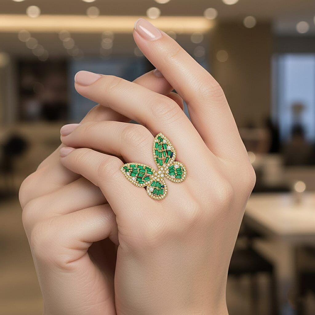 White Cubic Zirconia & Green Crystal Butterfly Adjustable Ring in Yellow Gold Tone