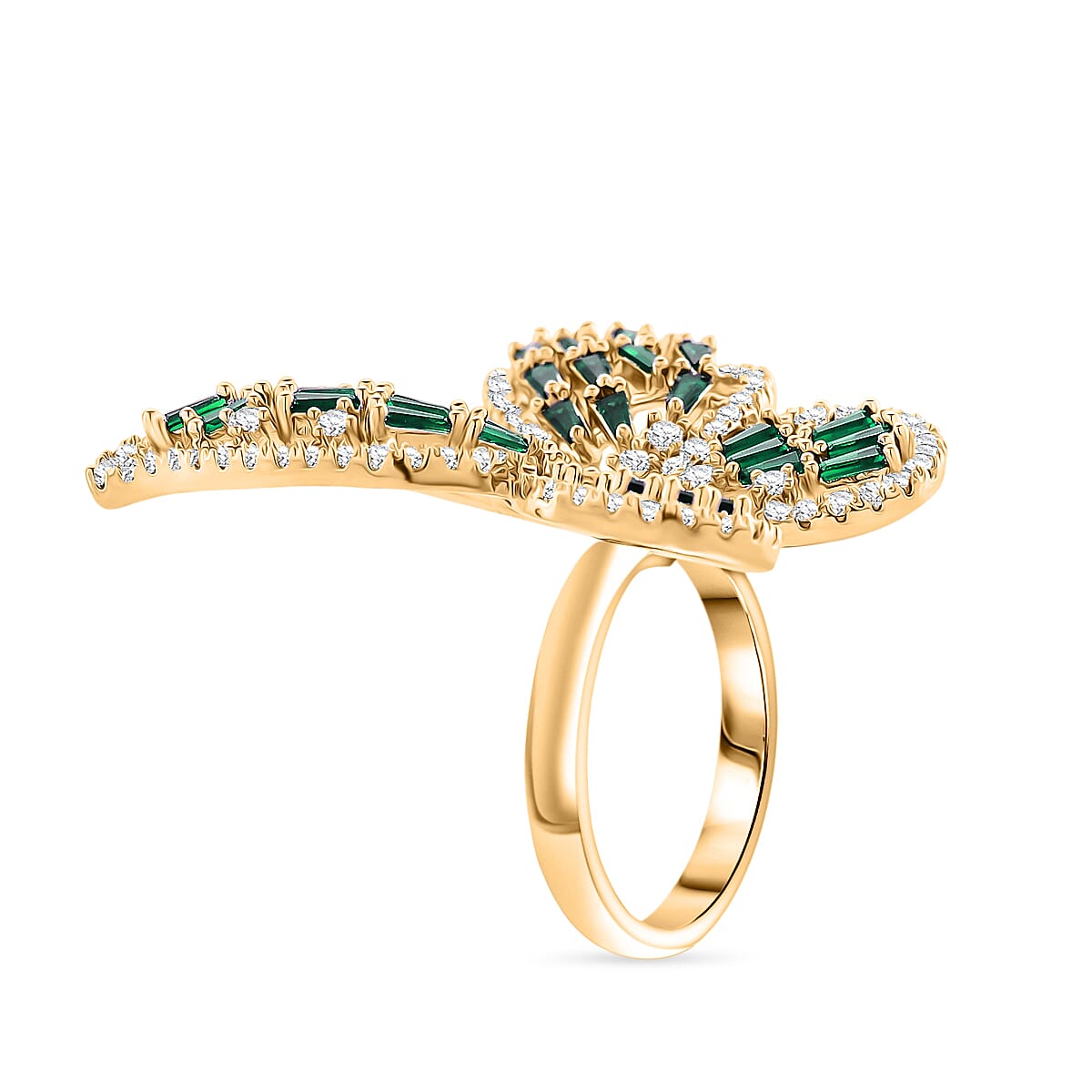 White Cubic Zirconia & Green Crystal Butterfly Adjustable Ring in Yellow Gold Tone
