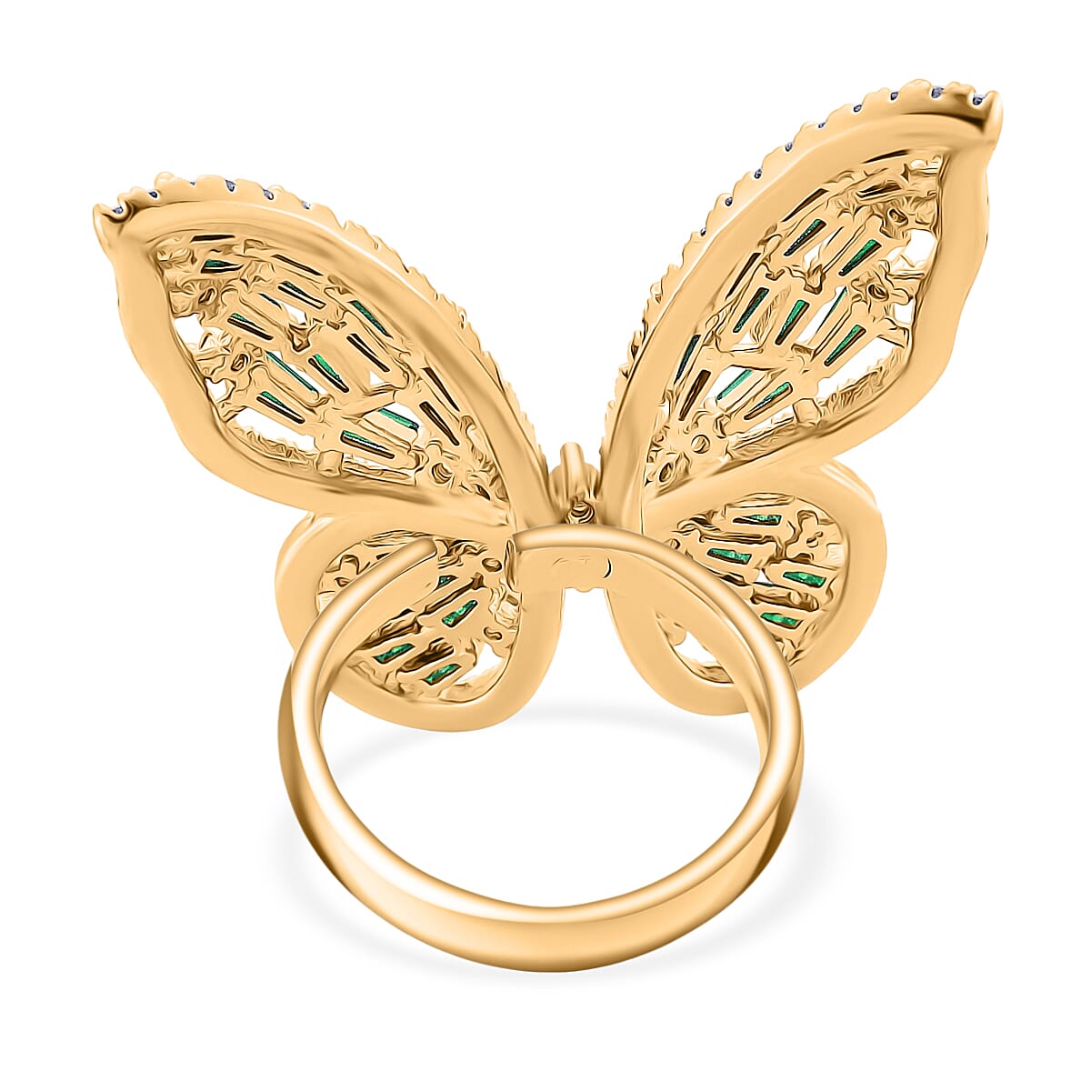 White Cubic Zirconia & Green Crystal Butterfly Adjustable Ring in Yellow Gold Tone
