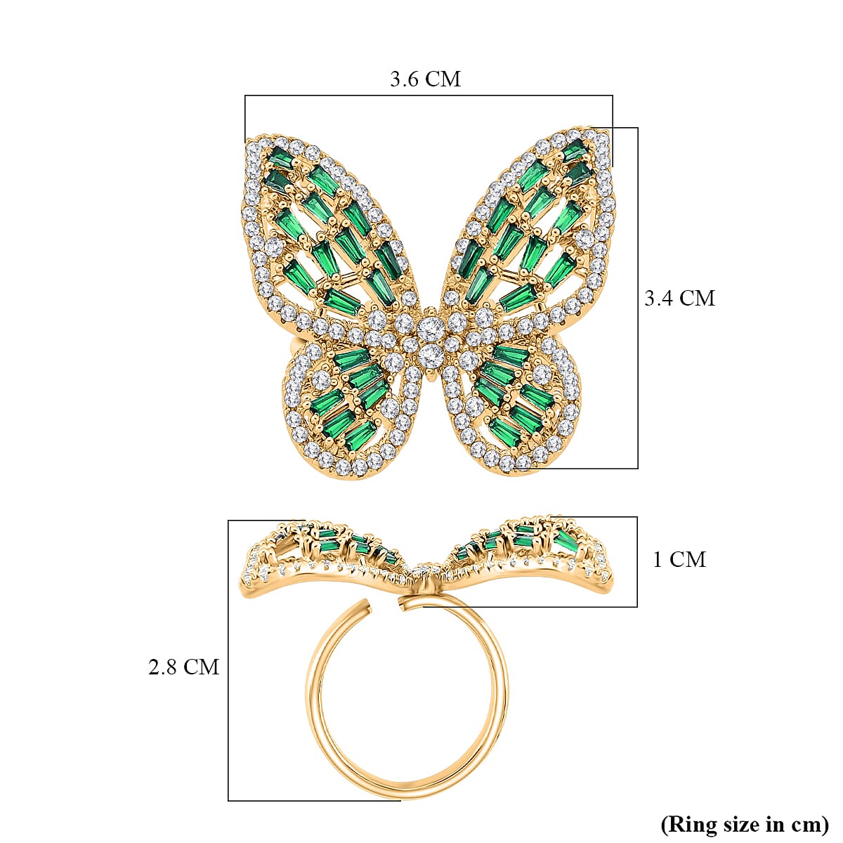 White Cubic Zirconia & Green Crystal Butterfly Adjustable Ring in Yellow Gold Tone