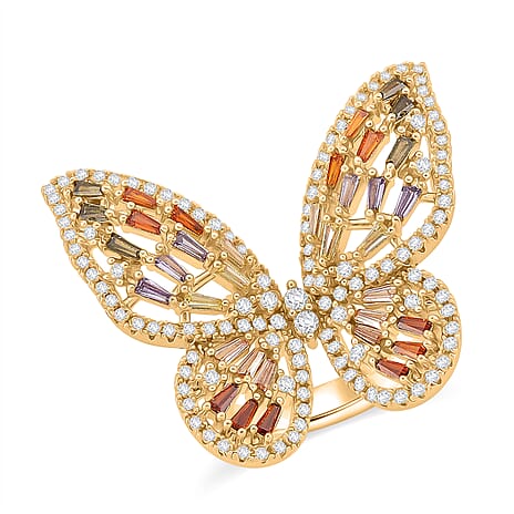 Multi Colour Cubic Zirconia Adjustable Butterfly Ring in Yellow Gold Plated 2.40 Ct.