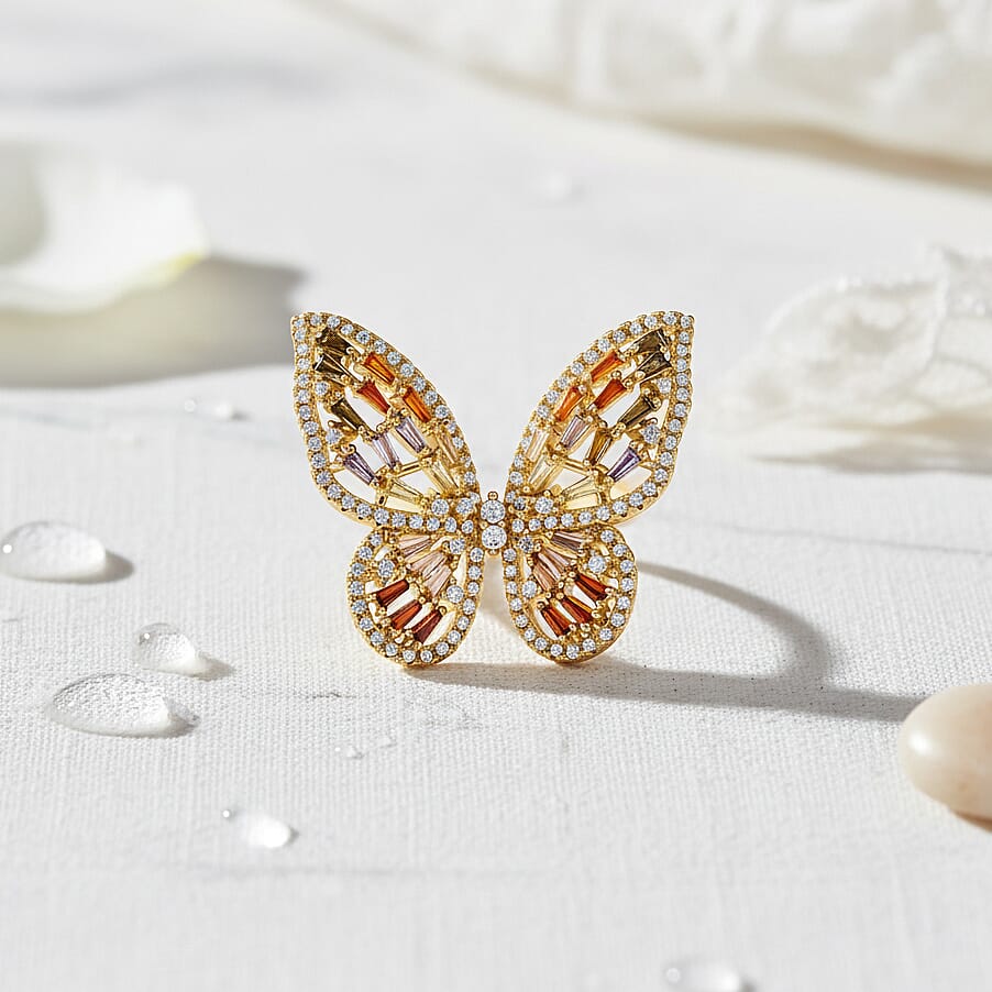Multi Colour Cubic Zirconia Adjustable Butterfly Ring in Yellow Gold Plated 2.40 Ct.