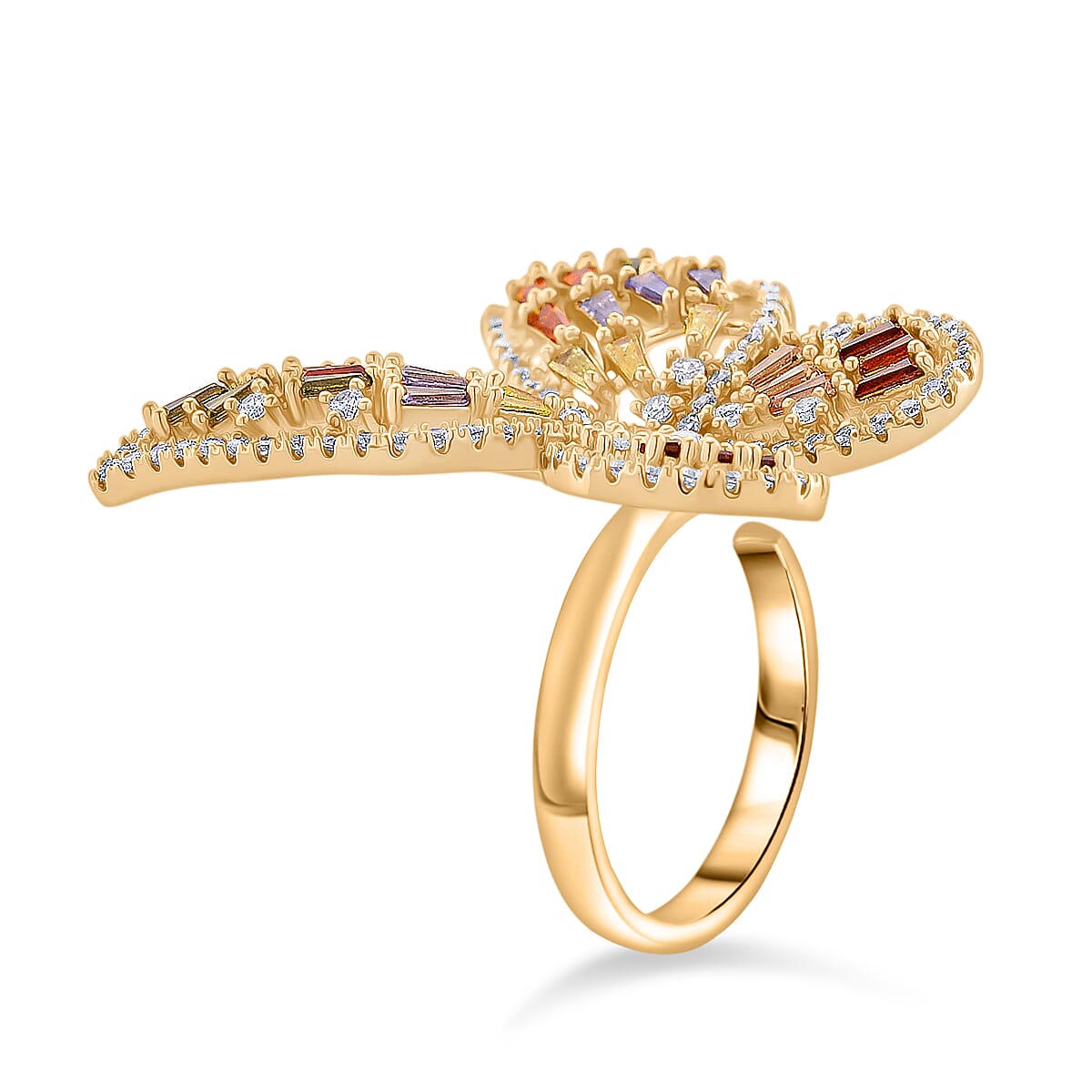 Multi Colour Cubic Zirconia Adjustable Butterfly Ring in Yellow Gold Plated 2.40 Ct.