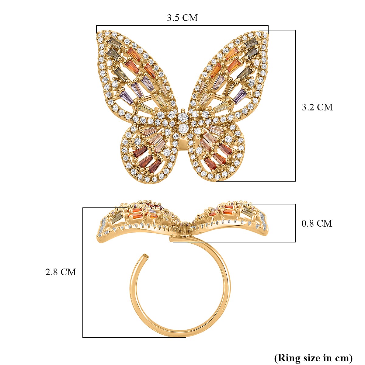 Multi Colour Cubic Zirconia Adjustable Butterfly Ring in Yellow Gold Plated 2.40 Ct.
