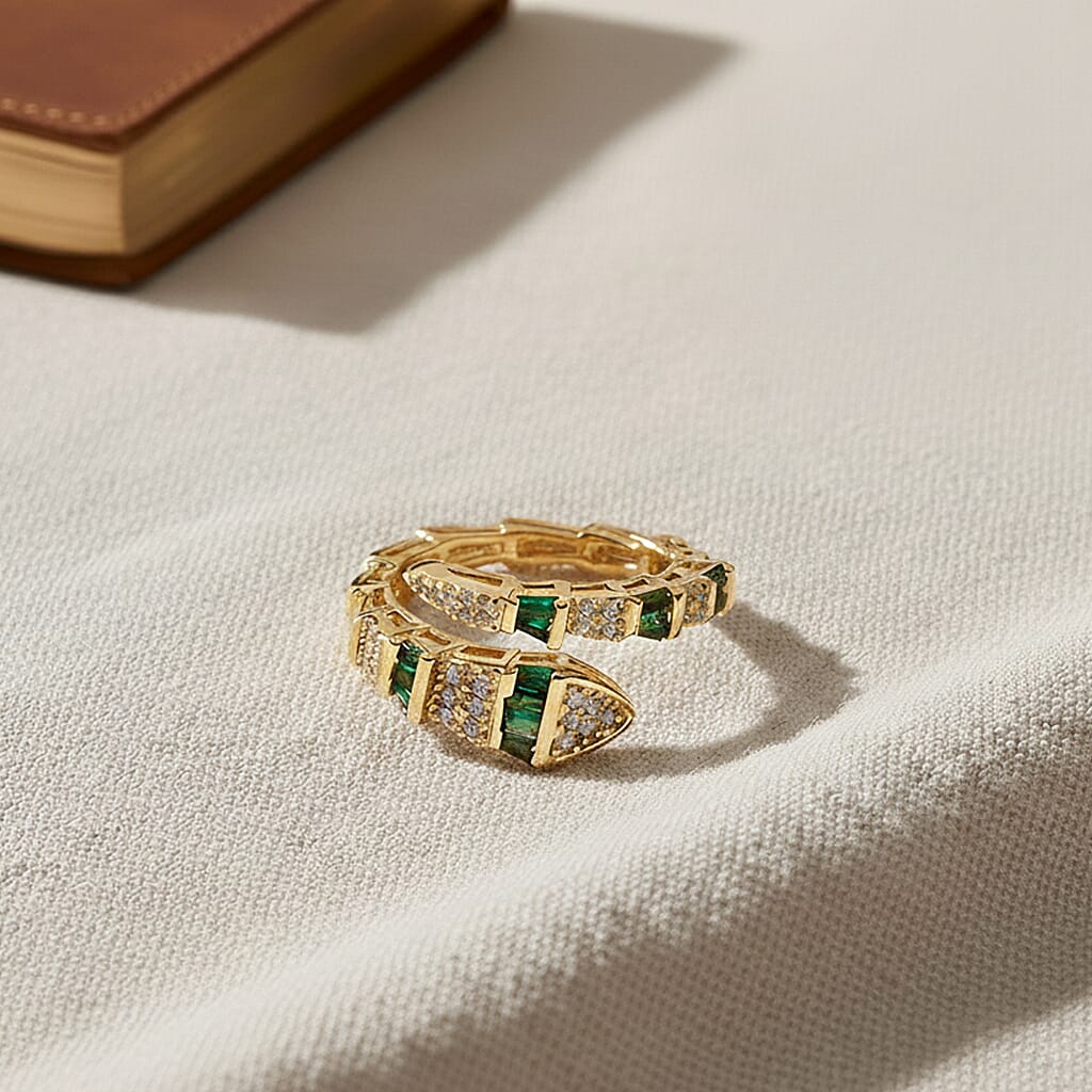 White Cubic Zirconia & Green Crystal Serpentine Ring (Adjustable)